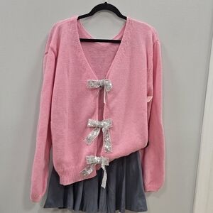 Beautiful Pink Cardigan With Silver Bows